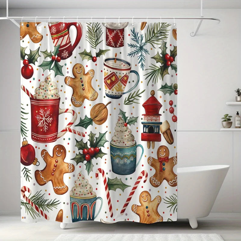 Christmas Holiday Shower Curtain with Gingerbread Men and Festive Elements,Water-Resistant Bathroom