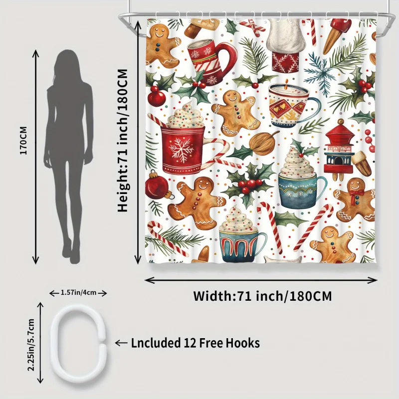 Christmas Holiday Shower Curtain with Gingerbread Men and Festive Elements,Water-Resistant Bathroom