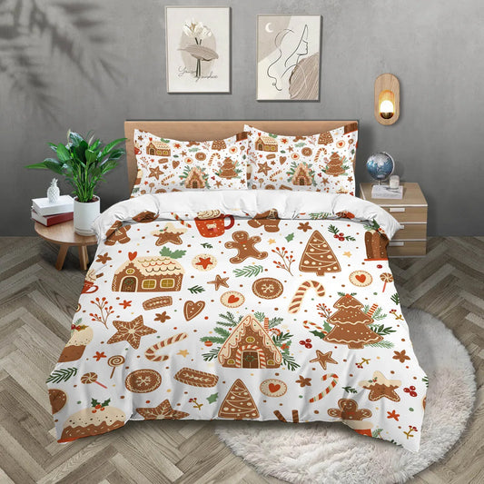 3pcs Christmas Gingerbread Man Brown Print 1 Quilt Cover + 2 Pillowcases, Skin-friendly, Warm, Breathable Bedding Set