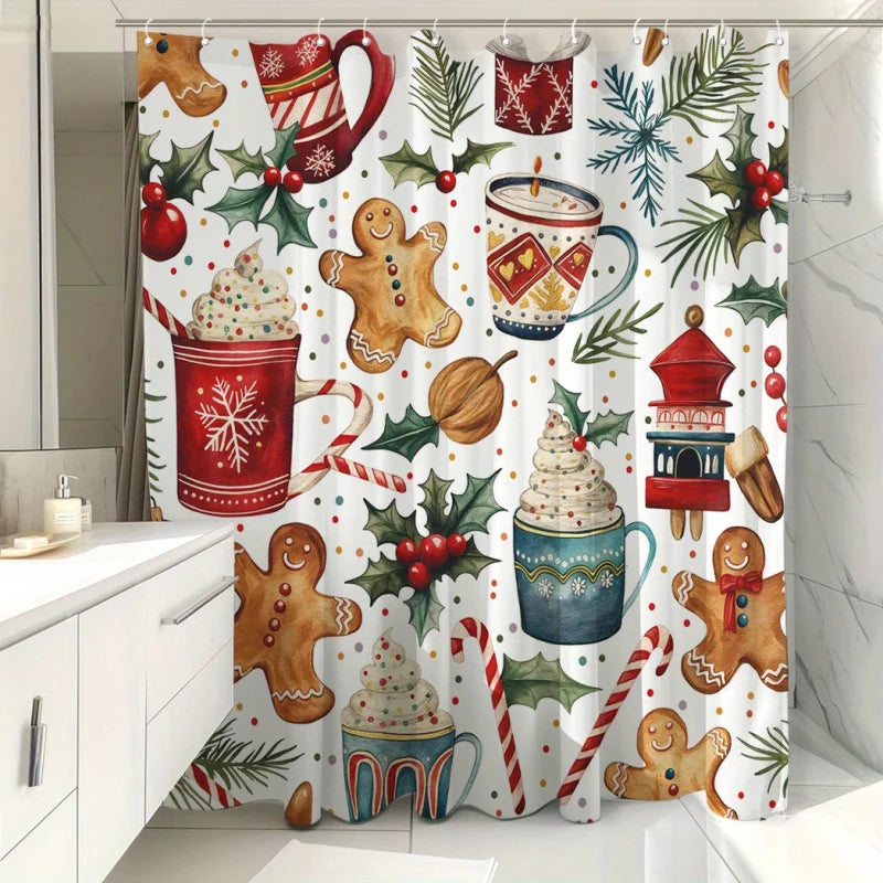 Christmas Holiday Shower Curtain with Gingerbread Men and Festive Elements,Water-Resistant Bathroom