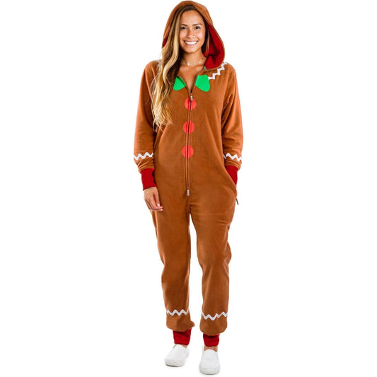 Adult Christmas Costume Gingerbread Long Sleeve Zipper Hooded Jumpsuit for Men Women Party Role-playing Cosplay