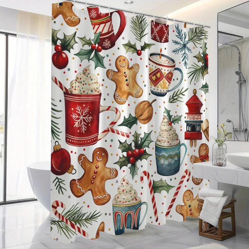 Christmas Holiday Shower Curtain with Gingerbread Men and Festive Elements,Water-Resistant Bathroom