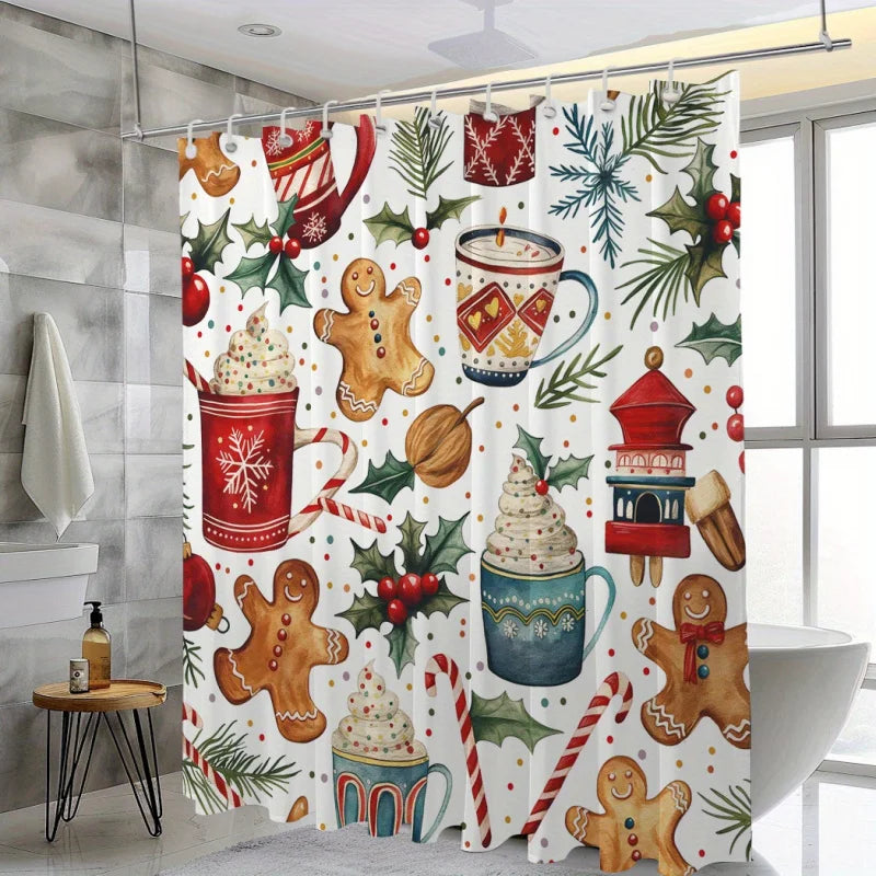 Christmas Holiday Shower Curtain with Gingerbread Men and Festive Elements,Water-Resistant Bathroom