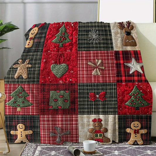 1pc Rustic Plaid Christmas Star Gingerbread Man Christmas Tree Floral Print Throw Blanket